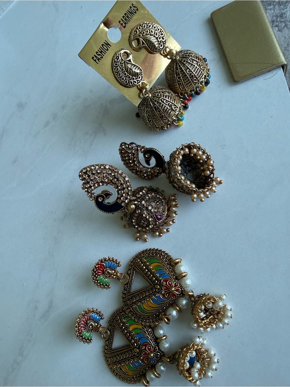 Gold-Tone Jhumka Earrings with Multicolor Enamel and Pearls